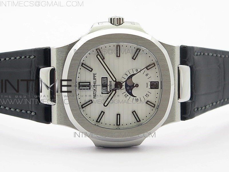 NAUTILUS 5726 SS GRF 1:1 BEST EDITION WHITE DIAL WORKING ANNUAL CALENDARON BLACK LEATHER STARP A.324 V2